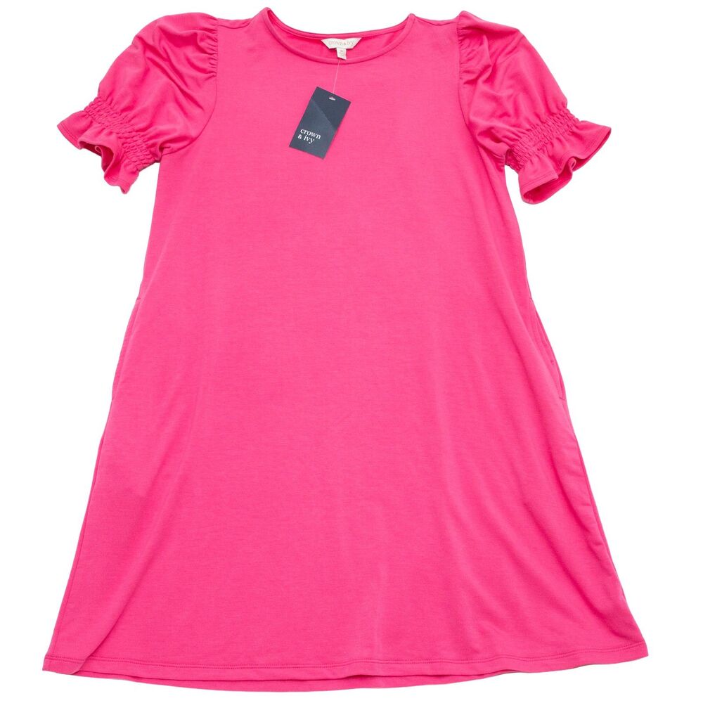 Crown & Ivy Womens Sz Med Pink Knit A-Line Mini Dress Ruffled Sleeve Pockets